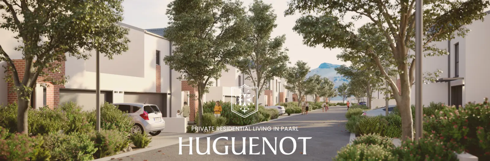 Architectural rendering of a residential street at Huguenot Estate